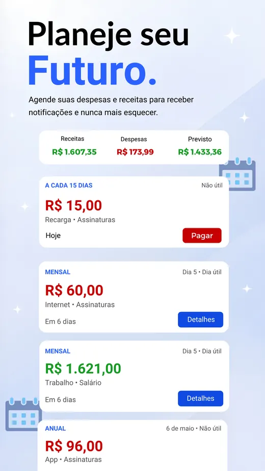 Tela de planejamento futuro no Fyney