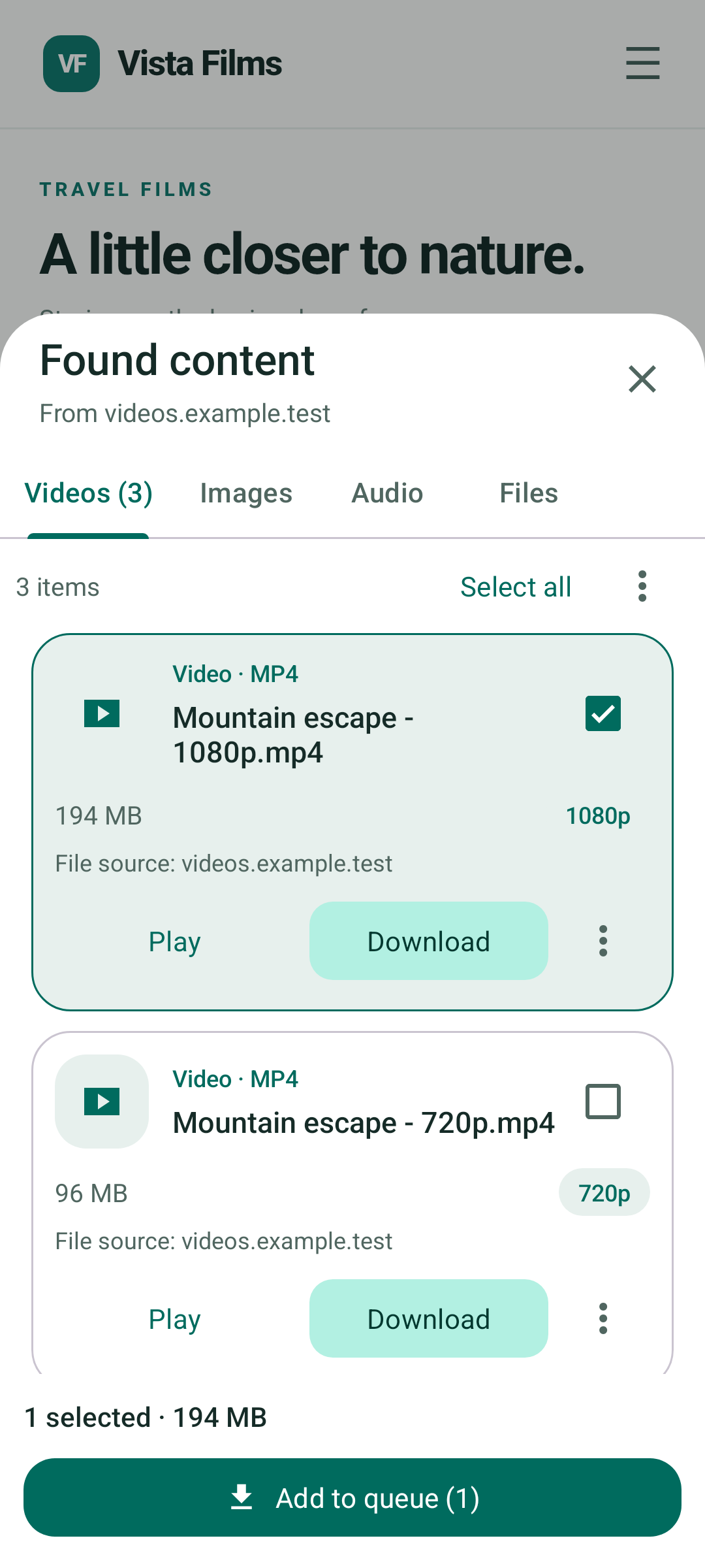Found content screen with video options to select and download.