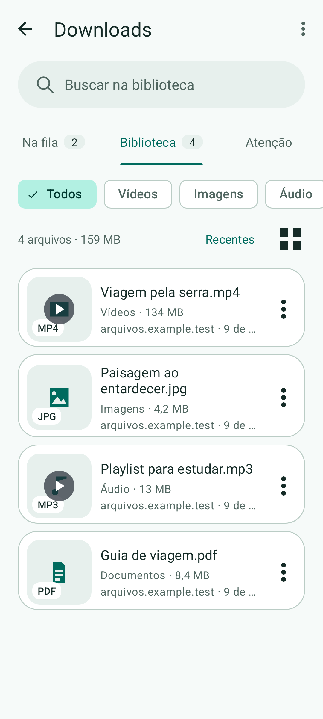 Biblioteca de downloads com arquivos de vídeo, imagem, áudio e PDF.
